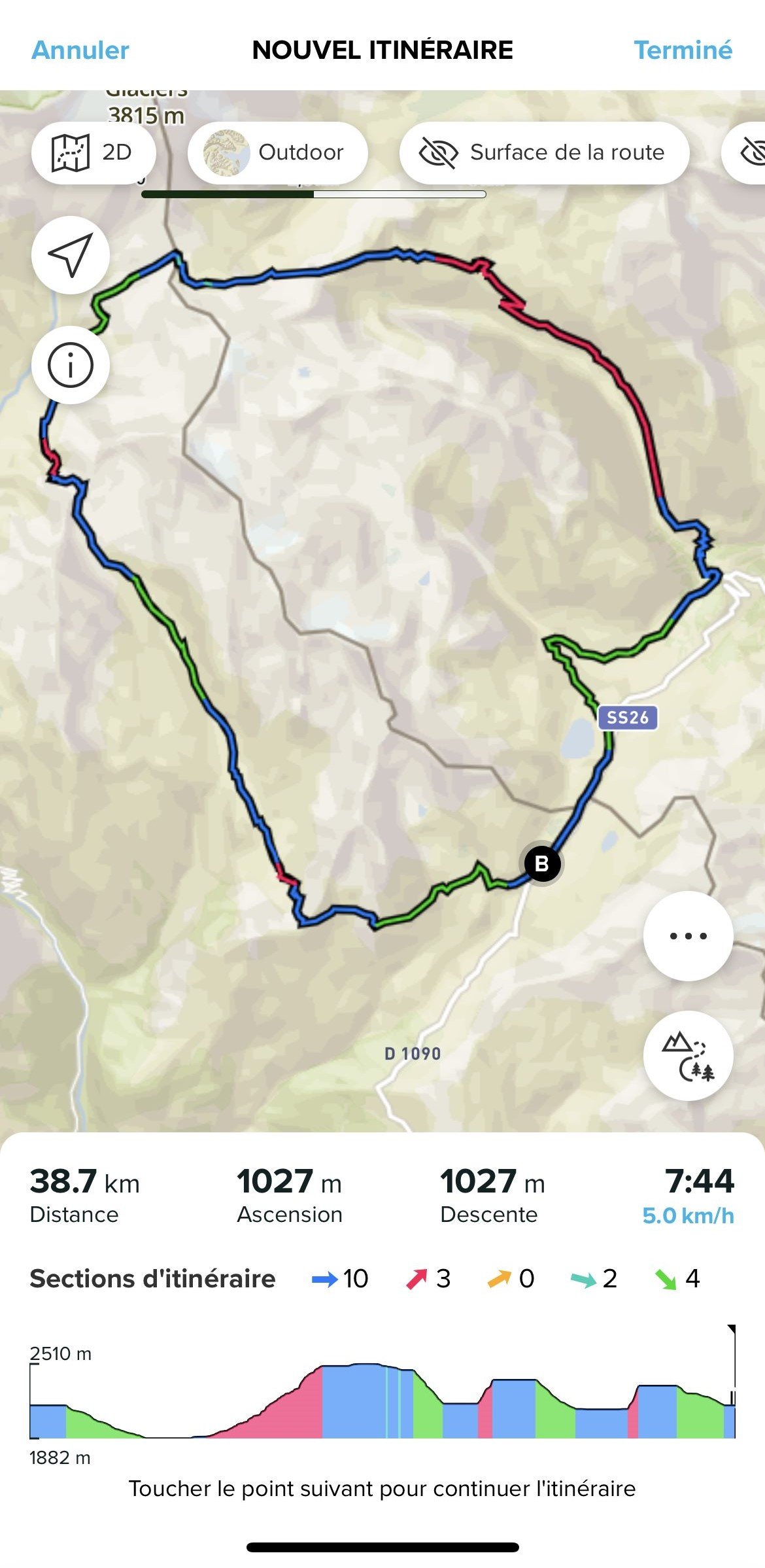 sections d'itinéraire de l'appli