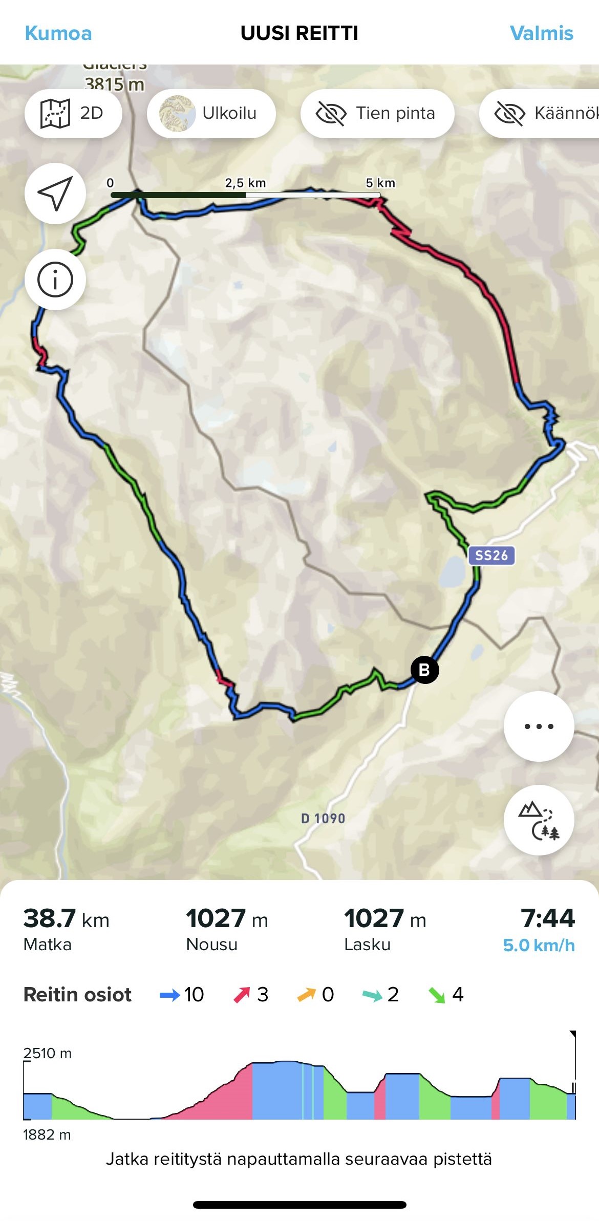 reitin osiot -sovellus