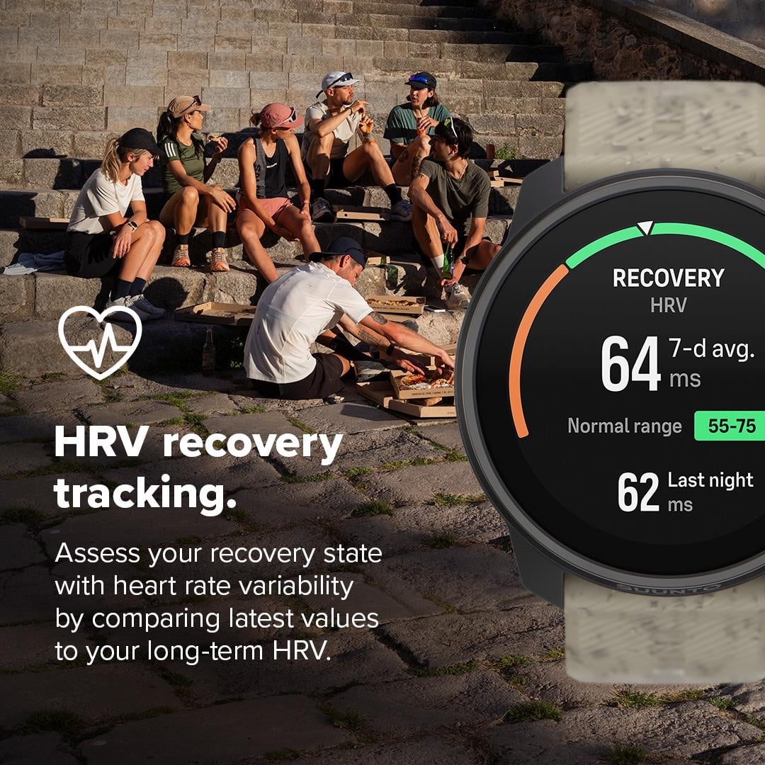 Suunto HRV recovery tracking screen showing 7-day average HRV, last-night HRV and personal normal range.