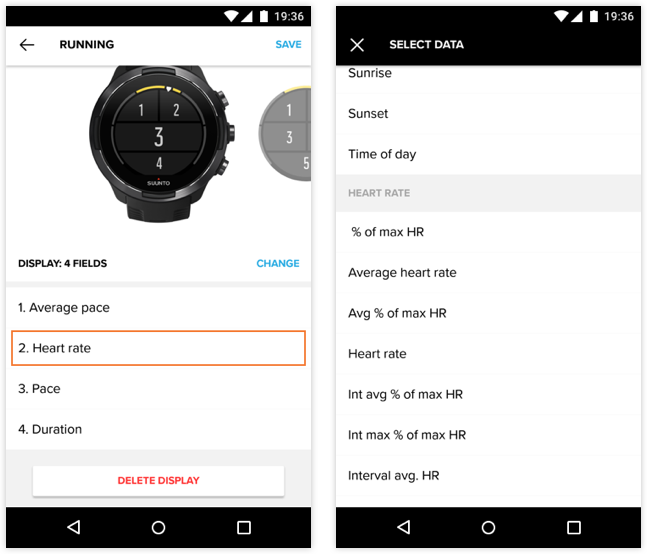 Suunto 앱(Android용)에서 사용자 정의 스포츠 모드의 데이터 필드 사용자 정의하기