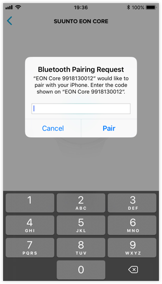 Powiadomienie o kluczu dostępu podczas parowania EON Steel i Core z aplikacją Suunto app dla systemu iOS.
