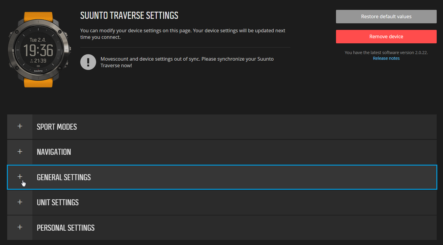 Movescount - Suunto Traverseの一般設定