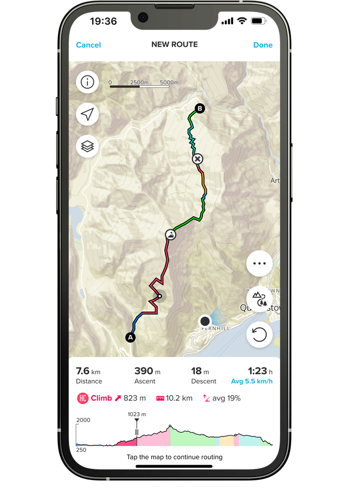 The elevation profile grows in real-time as you plan your route.